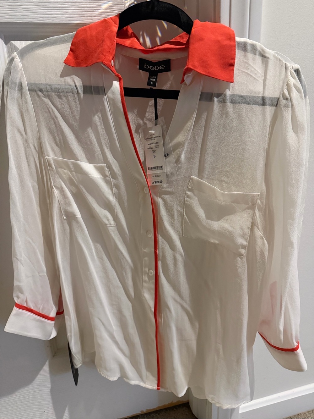 Brand new bebe White Sheer Button-Up Shirt with Coral Trim